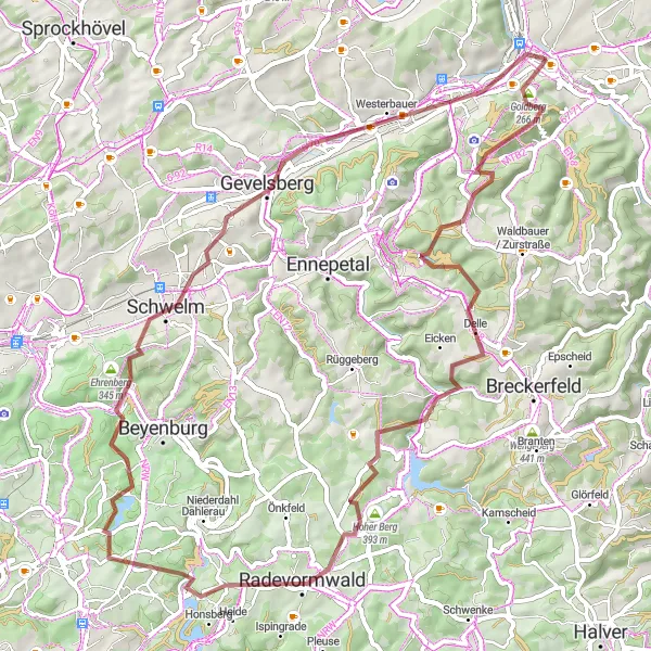Map miniature of "Scenic Gravel Ride around Hagen" cycling inspiration in Arnsberg, Germany. Generated by Tarmacs.app cycling route planner