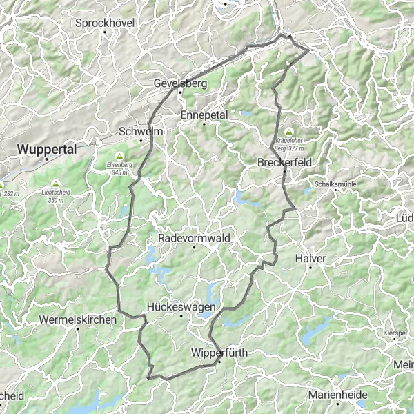 Map miniature of "Hagen to Breckerfeld Loop" cycling inspiration in Arnsberg, Germany. Generated by Tarmacs.app cycling route planner