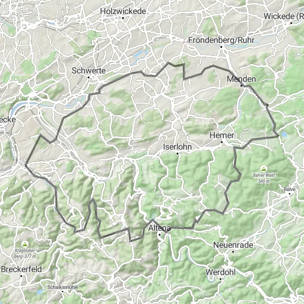 Map miniature of "Menden and Altena Road Cycling Challenge" cycling inspiration in Arnsberg, Germany. Generated by Tarmacs.app cycling route planner