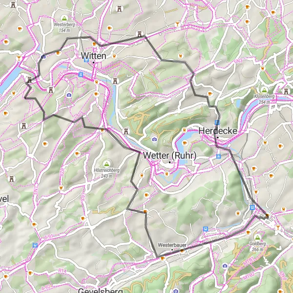 Map miniature of "Historical and Scenic Ride around Hagen" cycling inspiration in Arnsberg, Germany. Generated by Tarmacs.app cycling route planner