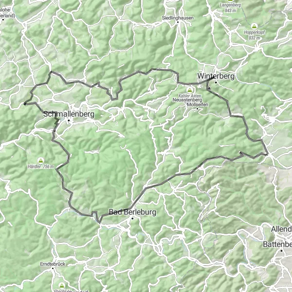 Karten-Miniaturansicht der Radinspiration "Über Berg und Tal: Radtour im Sauerland" in Arnsberg, Germany. Erstellt vom Tarmacs.app-Routenplaner für Radtouren