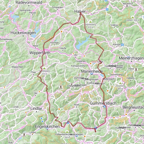 Map miniature of "Gravel Adventure Near Halver" cycling inspiration in Arnsberg, Germany. Generated by Tarmacs.app cycling route planner