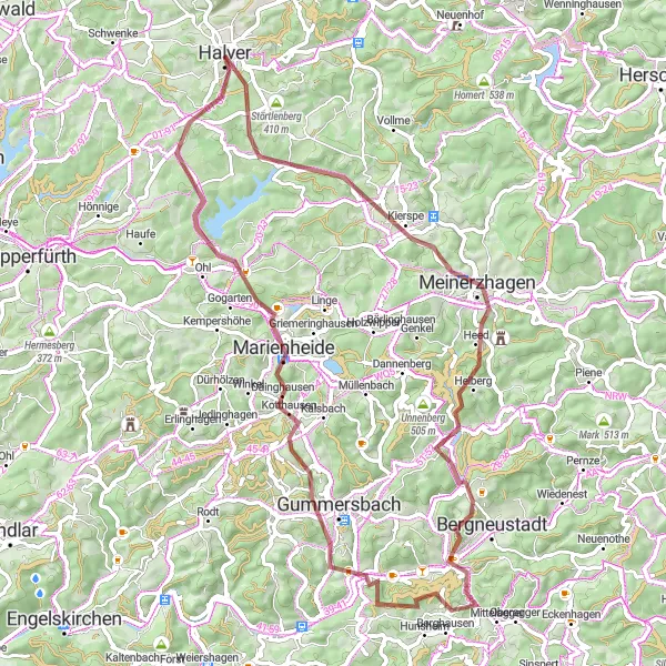 Karten-Miniaturansicht der Radinspiration "Herausfordernde Gravel-Tour um Halver" in Arnsberg, Germany. Erstellt vom Tarmacs.app-Routenplaner für Radtouren