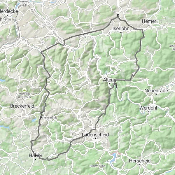 Karten-Miniaturansicht der Radinspiration "Kultur- und Naturerlebnisse rund um Halver und Lüdenscheid" in Arnsberg, Germany. Erstellt vom Tarmacs.app-Routenplaner für Radtouren