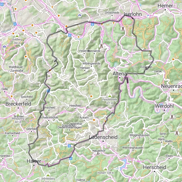 Map miniature of "Halver and Beyond" cycling inspiration in Arnsberg, Germany. Generated by Tarmacs.app cycling route planner