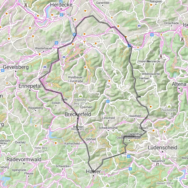 Karten-Miniaturansicht der Radinspiration "Rundweg von Halver nach Bismarck-Turm" in Arnsberg, Germany. Erstellt vom Tarmacs.app-Routenplaner für Radtouren