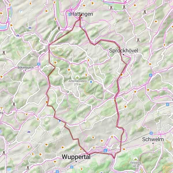 Map miniature of "Gravel Adventure in the Hattingen Countryside" cycling inspiration in Arnsberg, Germany. Generated by Tarmacs.app cycling route planner