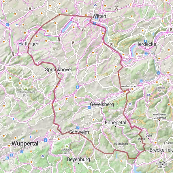 Map miniature of "Gravel Expedition: Hattingen to Ruhrtalblick" cycling inspiration in Arnsberg, Germany. Generated by Tarmacs.app cycling route planner