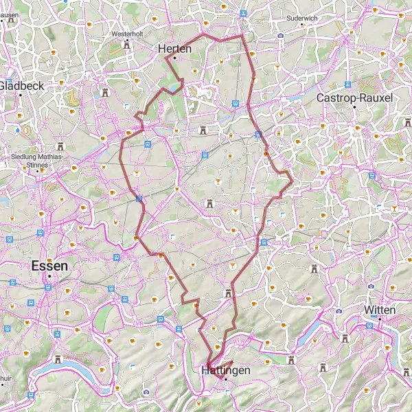 Map miniature of "Gravel Adventure: Hattingen to Hochofen" cycling inspiration in Arnsberg, Germany. Generated by Tarmacs.app cycling route planner