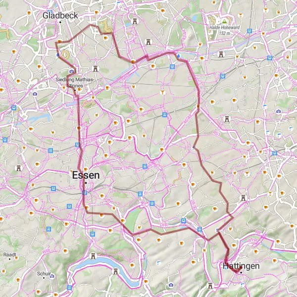 Map miniature of "Gravel Cycling Adventure in Hattingen" cycling inspiration in Arnsberg, Germany. Generated by Tarmacs.app cycling route planner