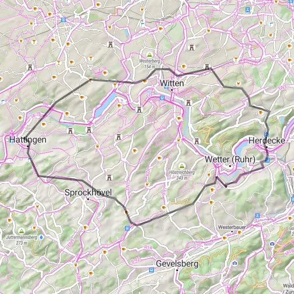 Map miniature of "Hattingen to Ruhrtalblick" cycling inspiration in Arnsberg, Germany. Generated by Tarmacs.app cycling route planner