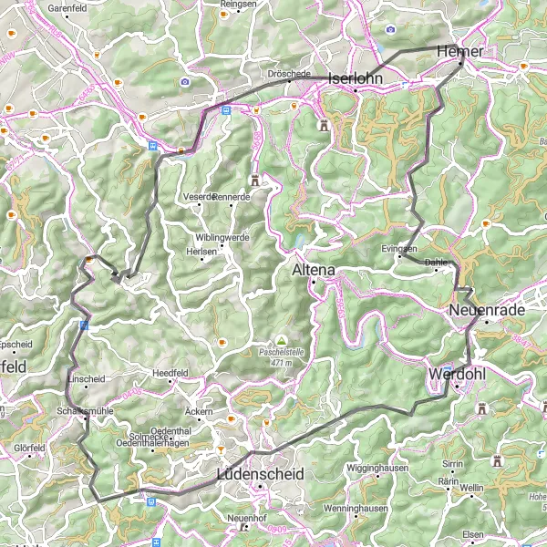 Map miniature of "The Lüdenscheid Challenge" cycling inspiration in Arnsberg, Germany. Generated by Tarmacs.app cycling route planner