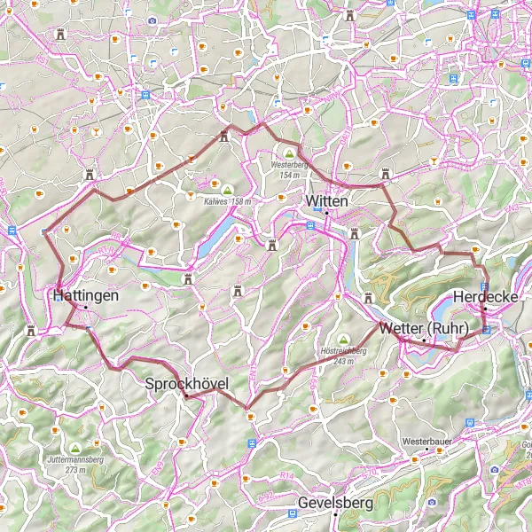 Map miniature of "Gravel Ride through Sprockhövel and Wetter" cycling inspiration in Arnsberg, Germany. Generated by Tarmacs.app cycling route planner