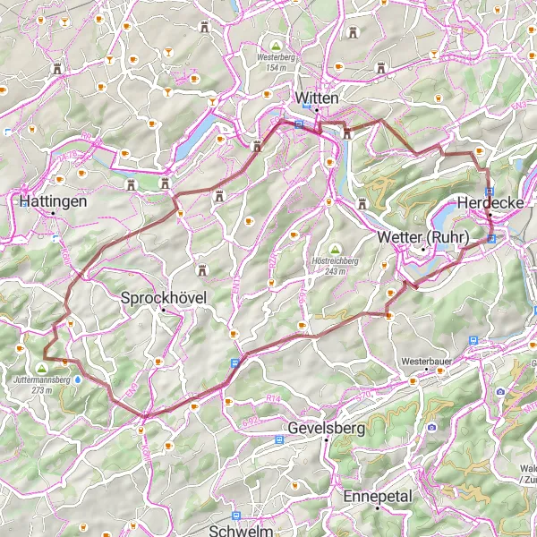Map miniature of "Wandering through Wuppertal" cycling inspiration in Arnsberg, Germany. Generated by Tarmacs.app cycling route planner