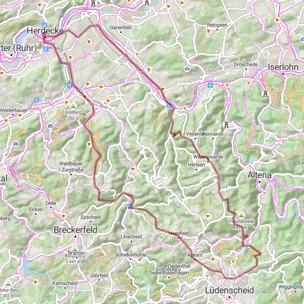 Map miniature of "Herdecke-Hohenlimburg-Roter Stein-Paschelstelle-Lüdenscheid-Rummenohl-Eilper Berg-Eckesey-Kaisberg" cycling inspiration in Arnsberg, Germany. Generated by Tarmacs.app cycling route planner