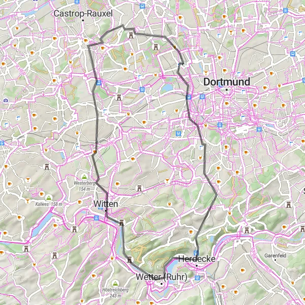 Map miniature of "Herdecke-Kaisberg-Witten-Bergehalde Schwerin-Haus Bodelschwingh-Küpperich-Hombruch-Kallenberg-Herdecke" cycling inspiration in Arnsberg, Germany. Generated by Tarmacs.app cycling route planner