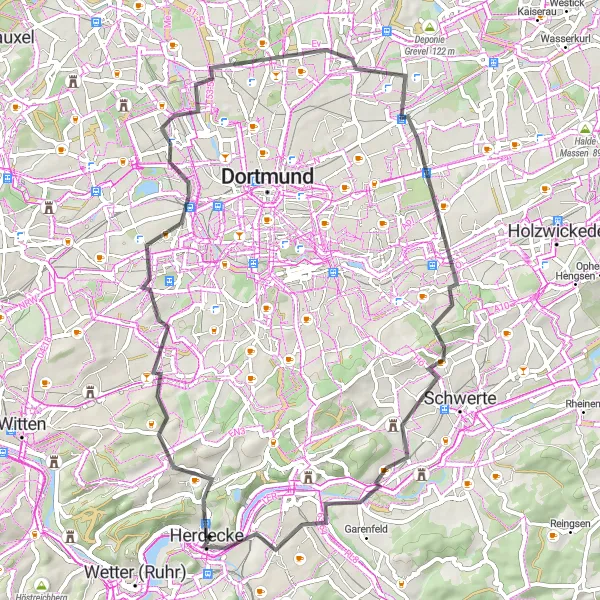 Map miniature of "Sights of Dortmund" cycling inspiration in Arnsberg, Germany. Generated by Tarmacs.app cycling route planner
