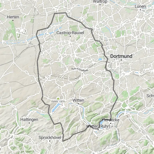 Map miniature of "Herdecke-Wetter (Ruhr)-Höstreichberg-Hülsberg-Bochum-Baukau-Brunosee-Hombruch-Kallenberg" cycling inspiration in Arnsberg, Germany. Generated by Tarmacs.app cycling route planner
