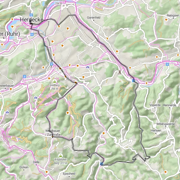 Map miniature of "Herdecke and Surrounding Hills" cycling inspiration in Arnsberg, Germany. Generated by Tarmacs.app cycling route planner