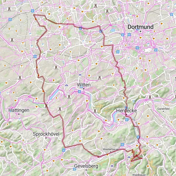 Map miniature of "Herne to Hammertal Gravel Route" cycling inspiration in Arnsberg, Germany. Generated by Tarmacs.app cycling route planner