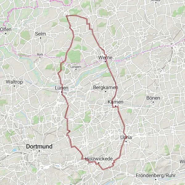 Karten-Miniaturansicht der Radinspiration "Abwechslungsreiche Gravel-Tour rund um Holzwickede" in Arnsberg, Germany. Erstellt vom Tarmacs.app-Routenplaner für Radtouren