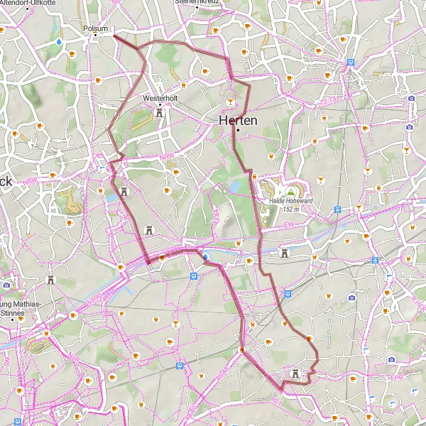 Karten-Miniaturansicht der Radinspiration "Von Hordel nach Cranger Kirmes: Entdecken Sie die Schönheit des Ruhrgebiets" in Arnsberg, Germany. Erstellt vom Tarmacs.app-Routenplaner für Radtouren