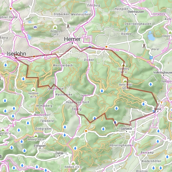Map miniature of "Iserlohn Forest Gravel Loop" cycling inspiration in Arnsberg, Germany. Generated by Tarmacs.app cycling route planner