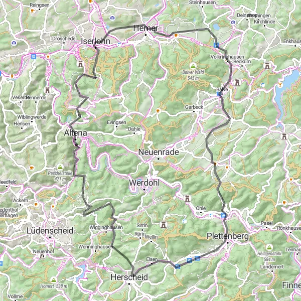 Map miniature of "Hemer Adventure" cycling inspiration in Arnsberg, Germany. Generated by Tarmacs.app cycling route planner