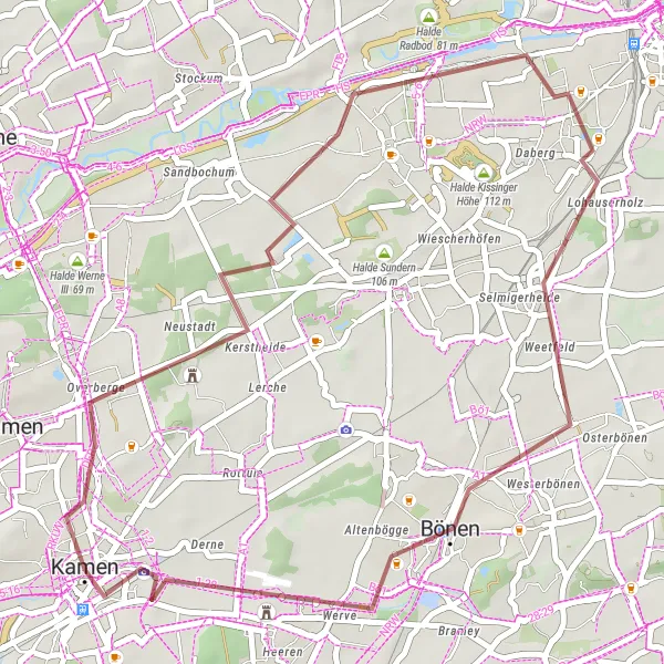 Map miniature of "Leisurely Gravel Ride to Bönen" cycling inspiration in Arnsberg, Germany. Generated by Tarmacs.app cycling route planner