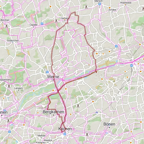 Map miniature of "Gravel Adventure through Kamen and Surroundings" cycling inspiration in Arnsberg, Germany. Generated by Tarmacs.app cycling route planner