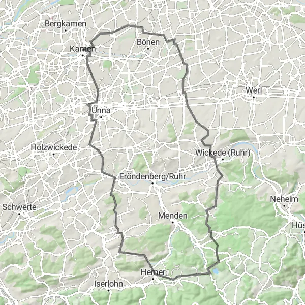 Map miniature of "Bönen Ride" cycling inspiration in Arnsberg, Germany. Generated by Tarmacs.app cycling route planner