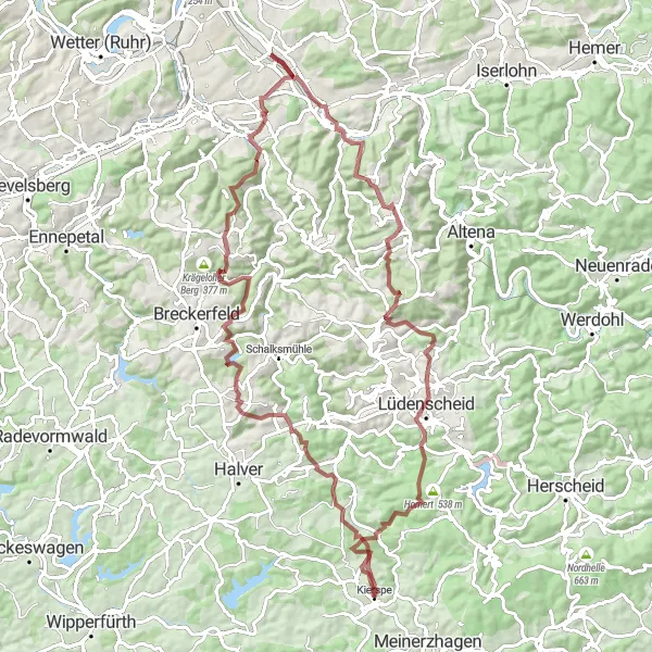 Map miniature of "The Thrilling Gravel Journey Through Ober Carthausen and Wiblingwerde" cycling inspiration in Arnsberg, Germany. Generated by Tarmacs.app cycling route planner