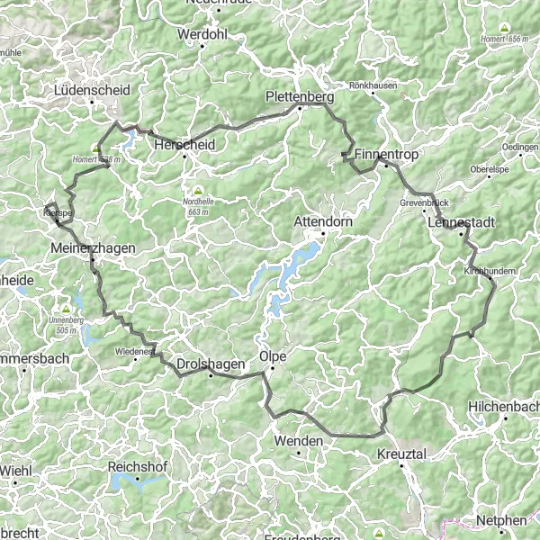 Map miniature of "Homertturm Cycling Tour" cycling inspiration in Arnsberg, Germany. Generated by Tarmacs.app cycling route planner