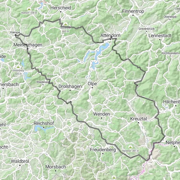 Map miniature of "Through the Sauerland hills" cycling inspiration in Arnsberg, Germany. Generated by Tarmacs.app cycling route planner