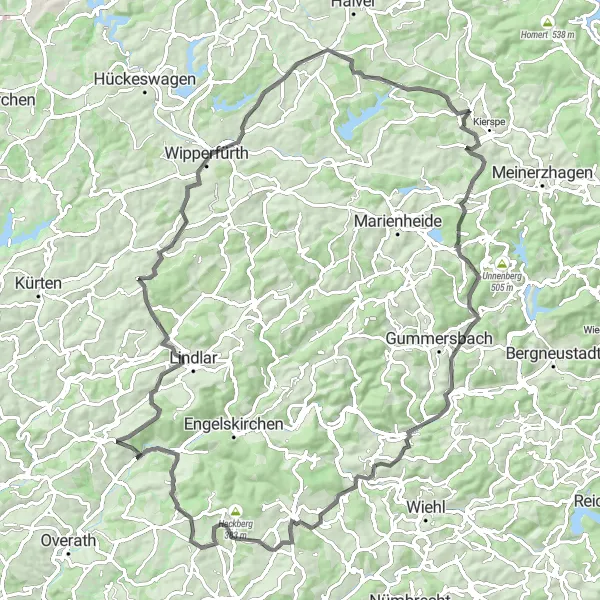 Map miniature of "The Road Cycling Heaven from Kierspe to Markeshagen" cycling inspiration in Arnsberg, Germany. Generated by Tarmacs.app cycling route planner