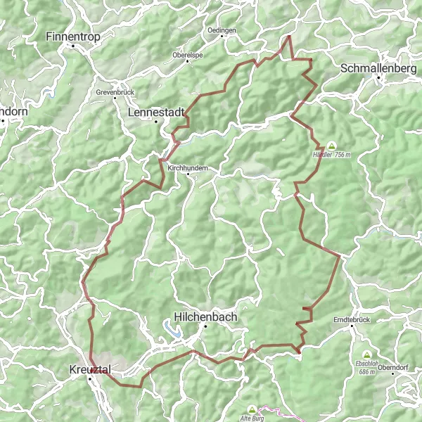 Map miniature of "Scenic Gravel Adventure with Hohe Bracht and Hohe Hessel" cycling inspiration in Arnsberg, Germany. Generated by Tarmacs.app cycling route planner