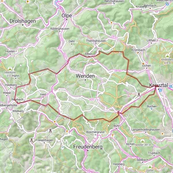 Map miniature of "Gravel Adventure through Oberholzklau and Osthelden" cycling inspiration in Arnsberg, Germany. Generated by Tarmacs.app cycling route planner