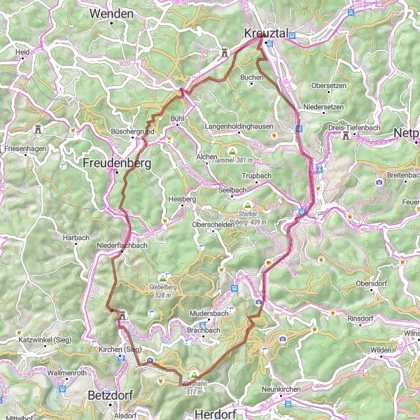 Map miniature of "The Rugged Gravel Adventure" cycling inspiration in Arnsberg, Germany. Generated by Tarmacs.app cycling route planner