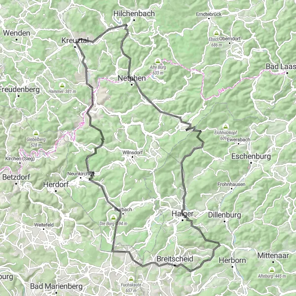 Karten-Miniaturansicht der Radinspiration "Bergtour um Siegen - Haiger Loop" in Arnsberg, Germany. Erstellt vom Tarmacs.app-Routenplaner für Radtouren