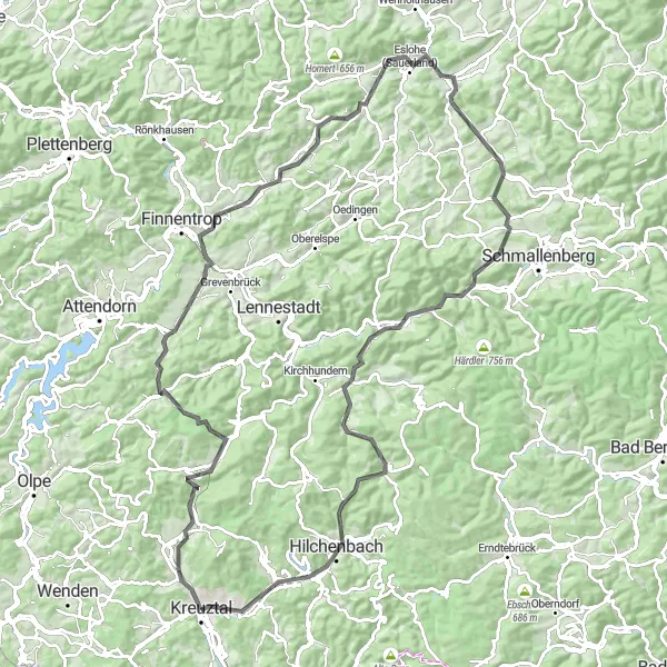 Map miniature of "The Hills of Sauerland" cycling inspiration in Arnsberg, Germany. Generated by Tarmacs.app cycling route planner