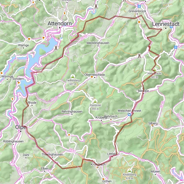 Map miniature of "Gravel Adventure: Lennestadt Loop" cycling inspiration in Arnsberg, Germany. Generated by Tarmacs.app cycling route planner