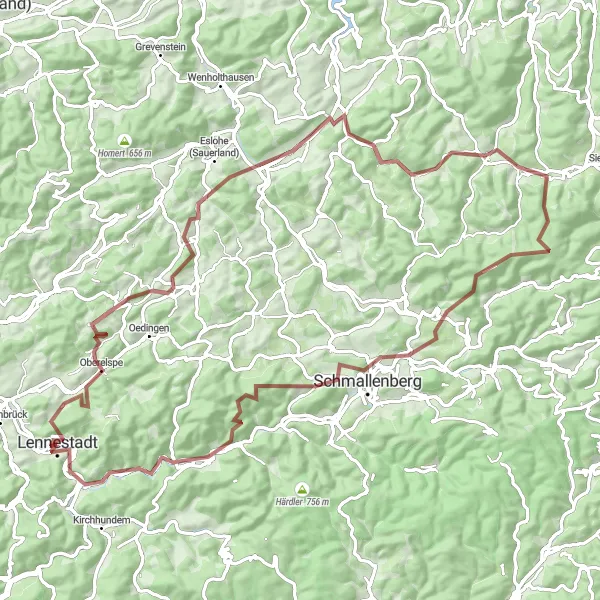Map miniature of "Lennestadt Gravel Adventure" cycling inspiration in Arnsberg, Germany. Generated by Tarmacs.app cycling route planner