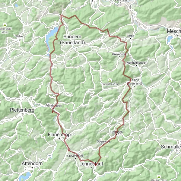 Map miniature of "The Gravel Adventure" cycling inspiration in Arnsberg, Germany. Generated by Tarmacs.app cycling route planner