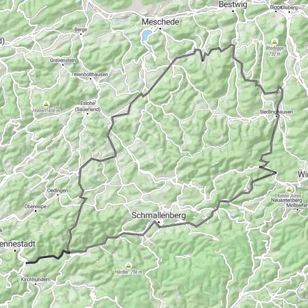 Map miniature of "Sauerland Road Adventure" cycling inspiration in Arnsberg, Germany. Generated by Tarmacs.app cycling route planner