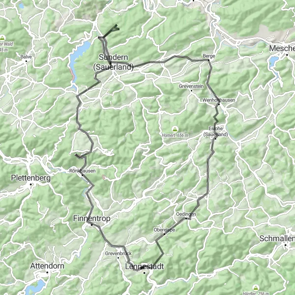 Map miniature of "Road Cycling Tour: Sauerland Adventure" cycling inspiration in Arnsberg, Germany. Generated by Tarmacs.app cycling route planner