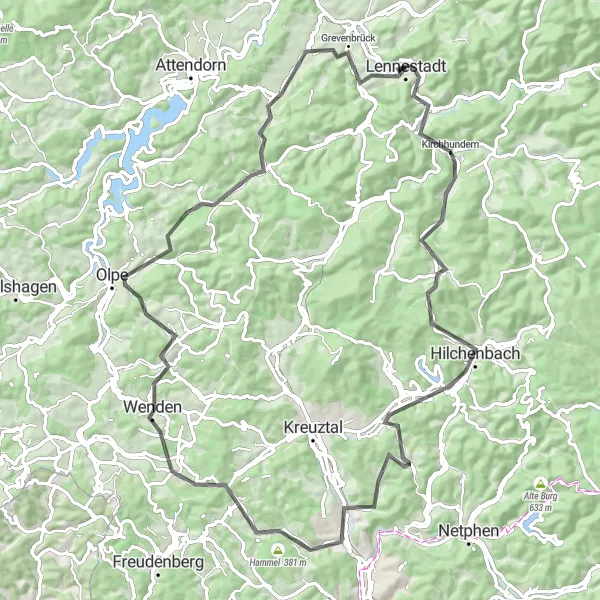 Map miniature of "The Hilly Kahlenberg Loop" cycling inspiration in Arnsberg, Germany. Generated by Tarmacs.app cycling route planner