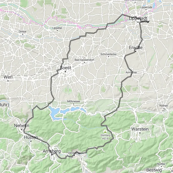 Karten-Miniaturansicht der Radinspiration "Hügelige Roadtour um Lippstadt" in Arnsberg, Germany. Erstellt vom Tarmacs.app-Routenplaner für Radtouren