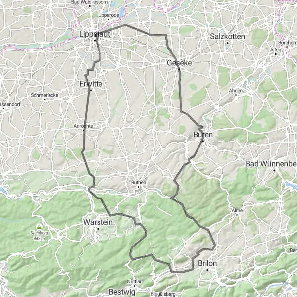 Karten-Miniaturansicht der Radinspiration "Rundfahrt von Lippstadt nach Arnsberg und zurück" in Arnsberg, Germany. Erstellt vom Tarmacs.app-Routenplaner für Radtouren