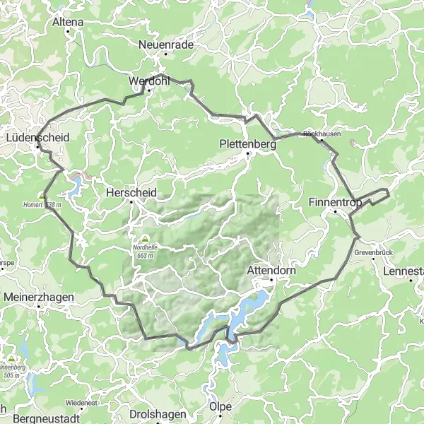 Karten-Miniaturansicht der Radinspiration "Rund um Lüdenscheid" in Arnsberg, Germany. Erstellt vom Tarmacs.app-Routenplaner für Radtouren