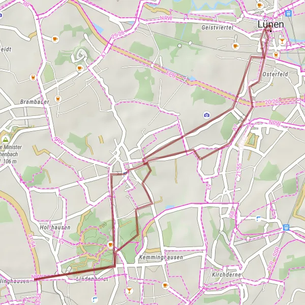 Map miniature of "Lünen Nature Ride" cycling inspiration in Arnsberg, Germany. Generated by Tarmacs.app cycling route planner